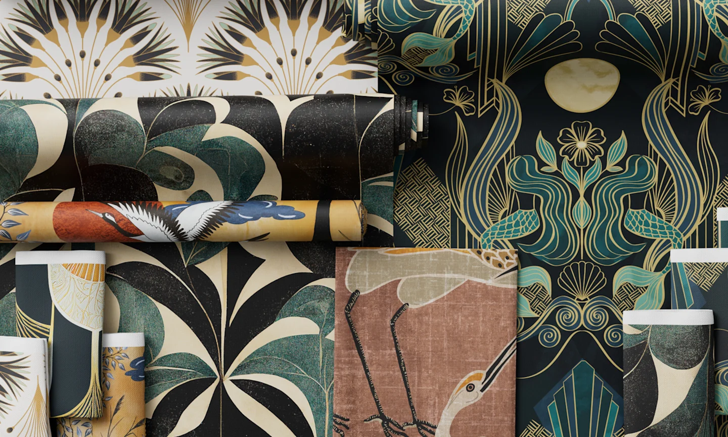 Art Deco style wallpaper rolls and fabrics styled together.