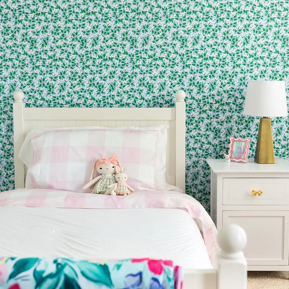 Bedroom with teal Misty Meadow Ditsy Floral by Spoonflower artist simplified.