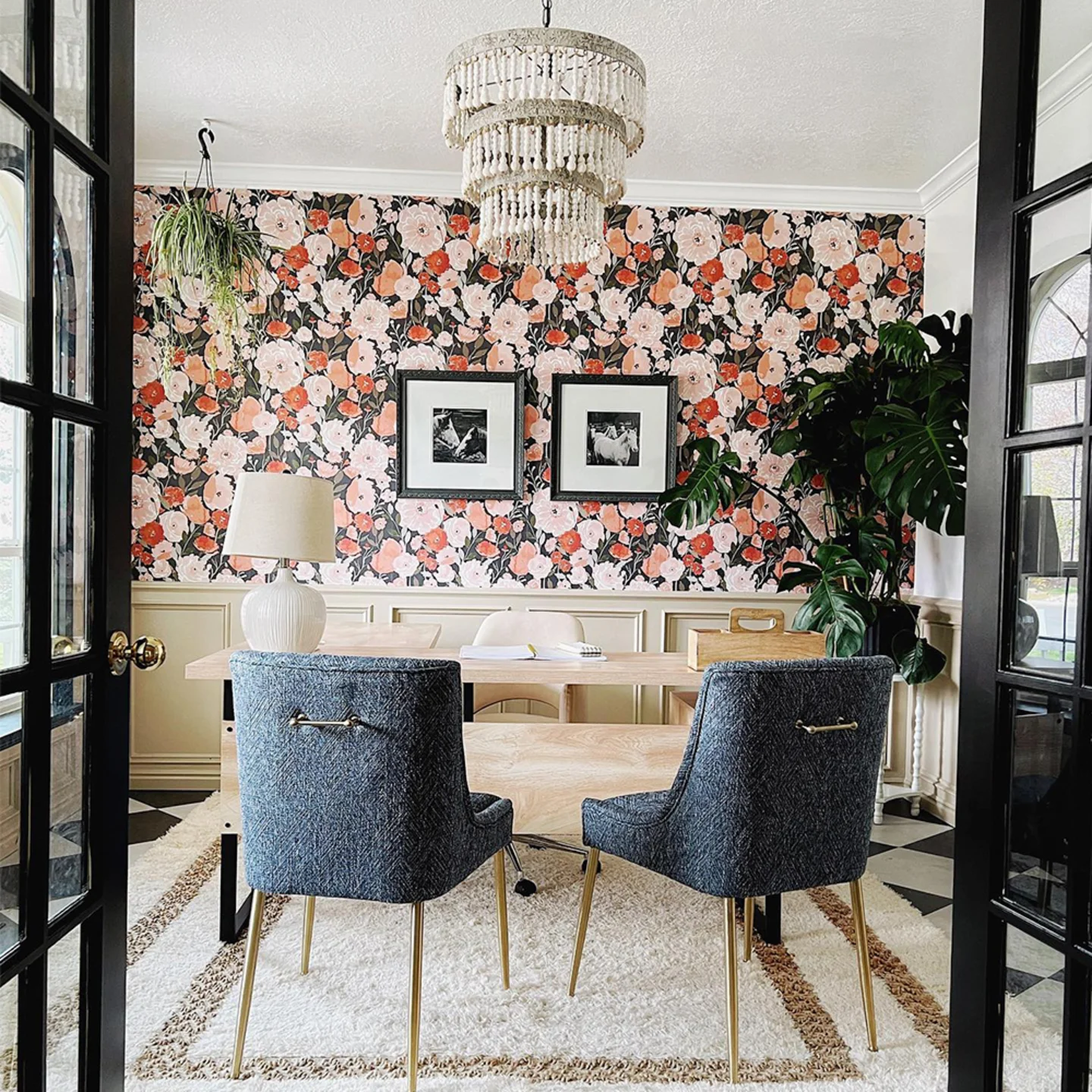 Pink floral wallpaper in an elevated home office.