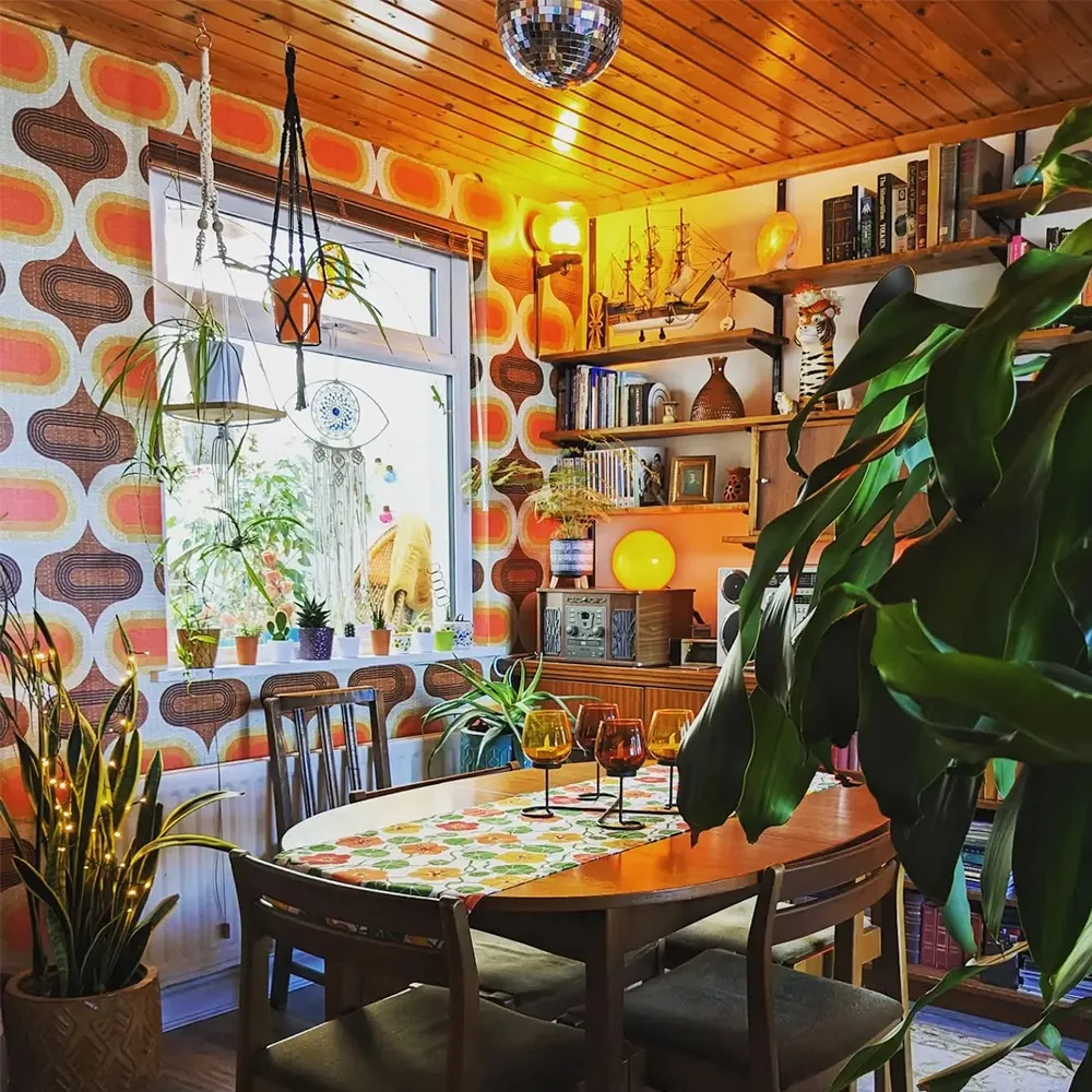 Dining room with mid century wallpaper