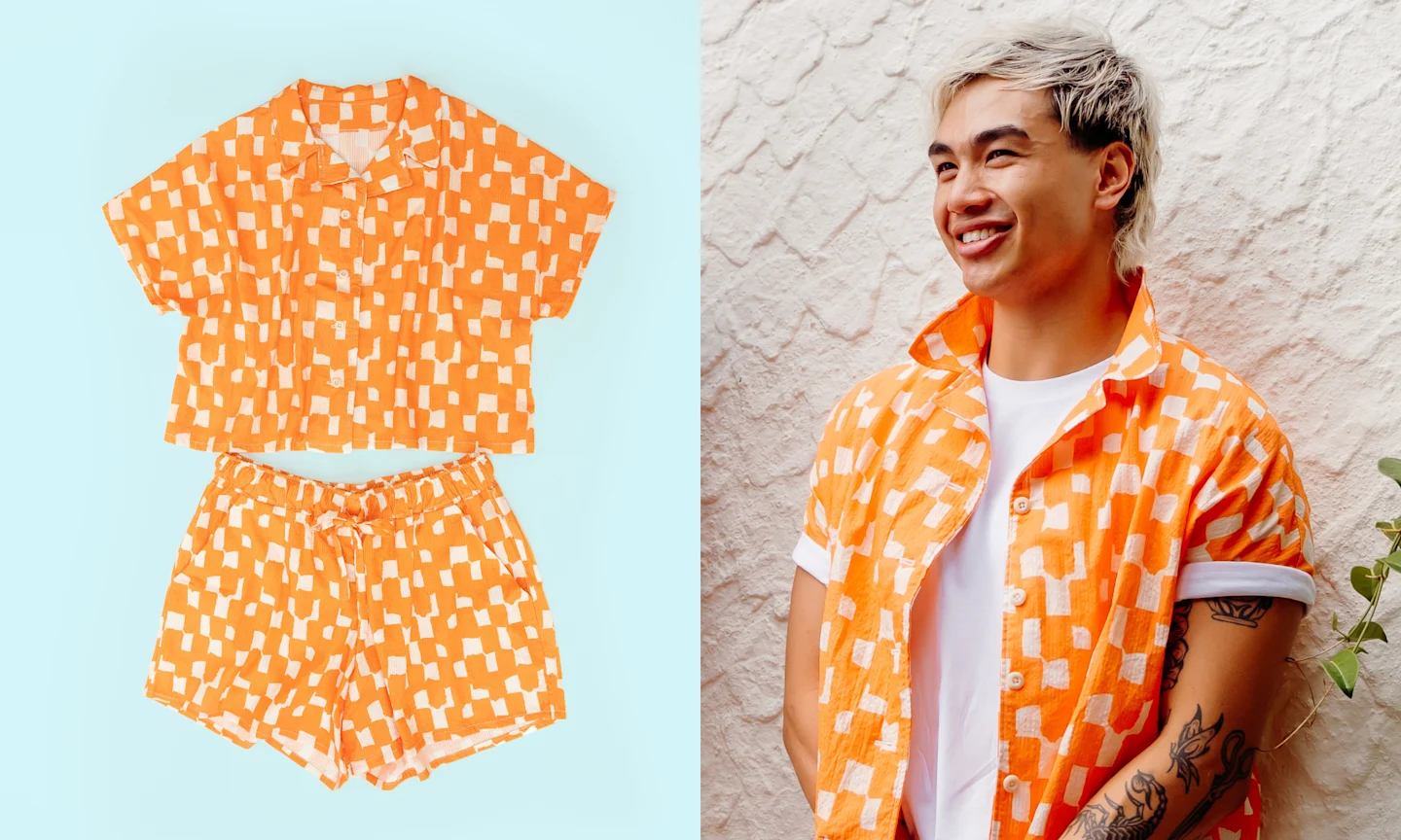 Man in orange check seersucker shorts and shirt