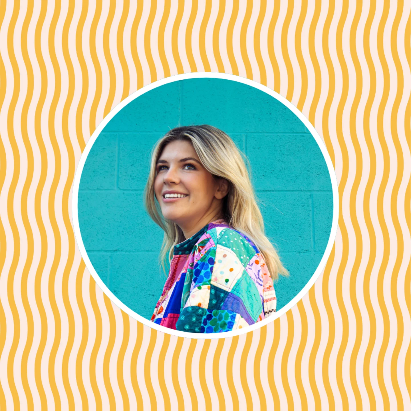 Jenna Hall in front of a yellow wavy stripe design from The House that Lars Built