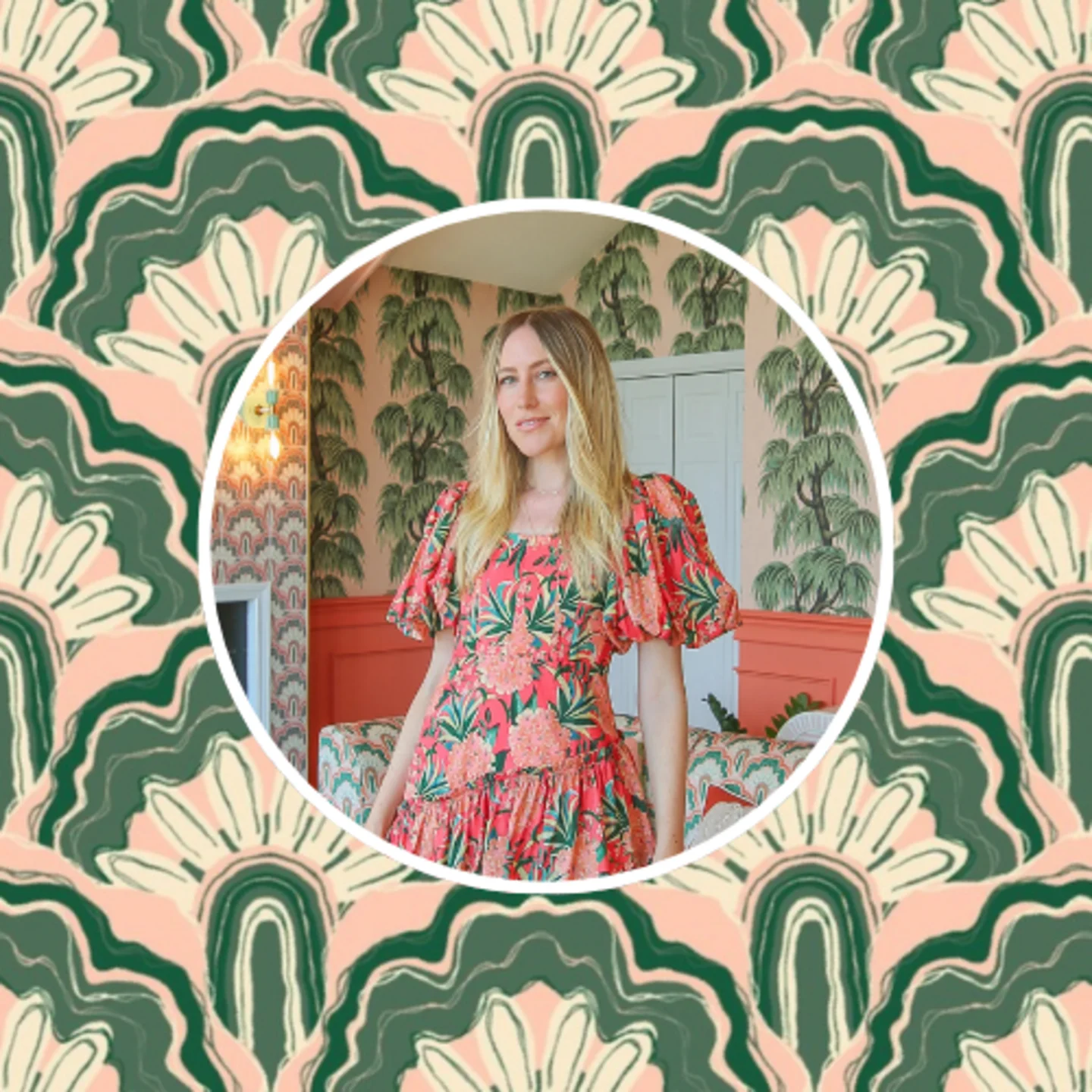 Headshot of Dani Dazey in front of one of her designs.